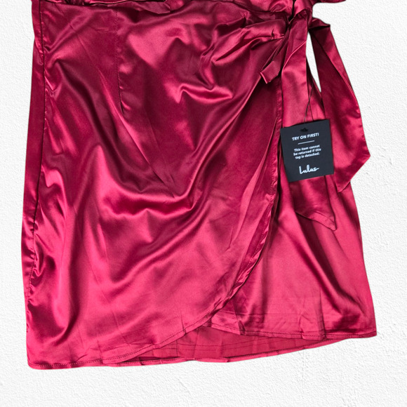 Lulus Red Satin Faux Wrap Open Back Late Night Stunner Mini Dress Size Medium - Picture 5 of 14